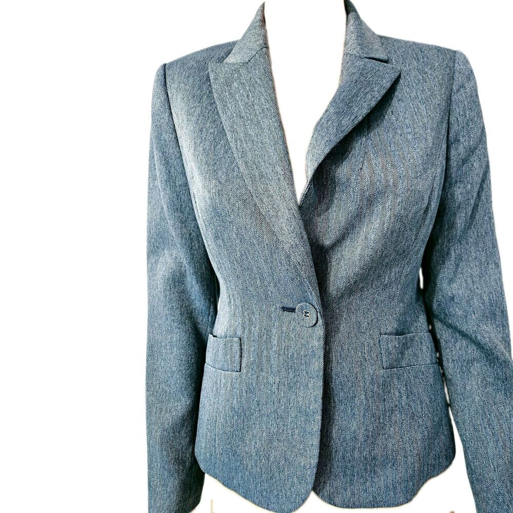 Nine West Women's Gray Herringbone Blazer Lined Notch Lapel One-Button Size 6